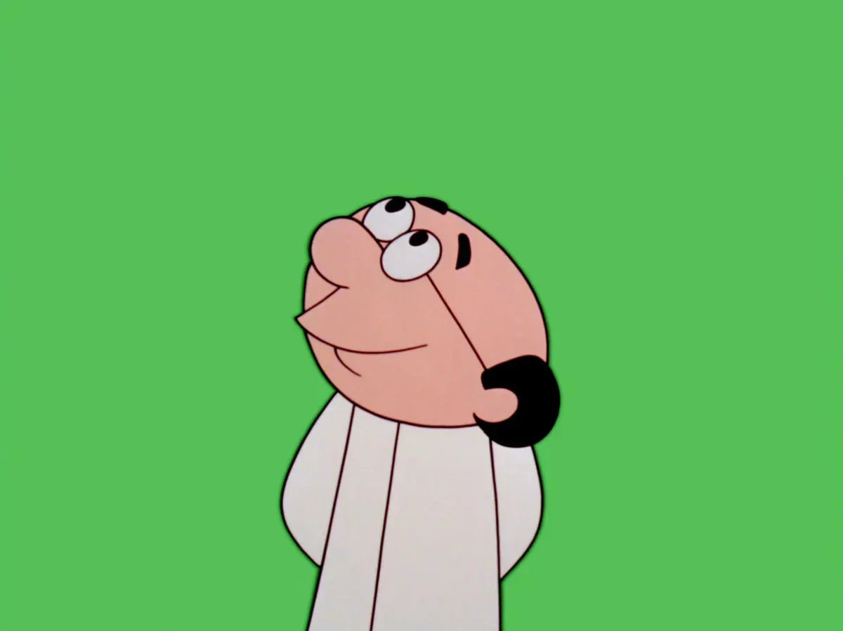 A classic cartoon character gazes upward against a solid green background.